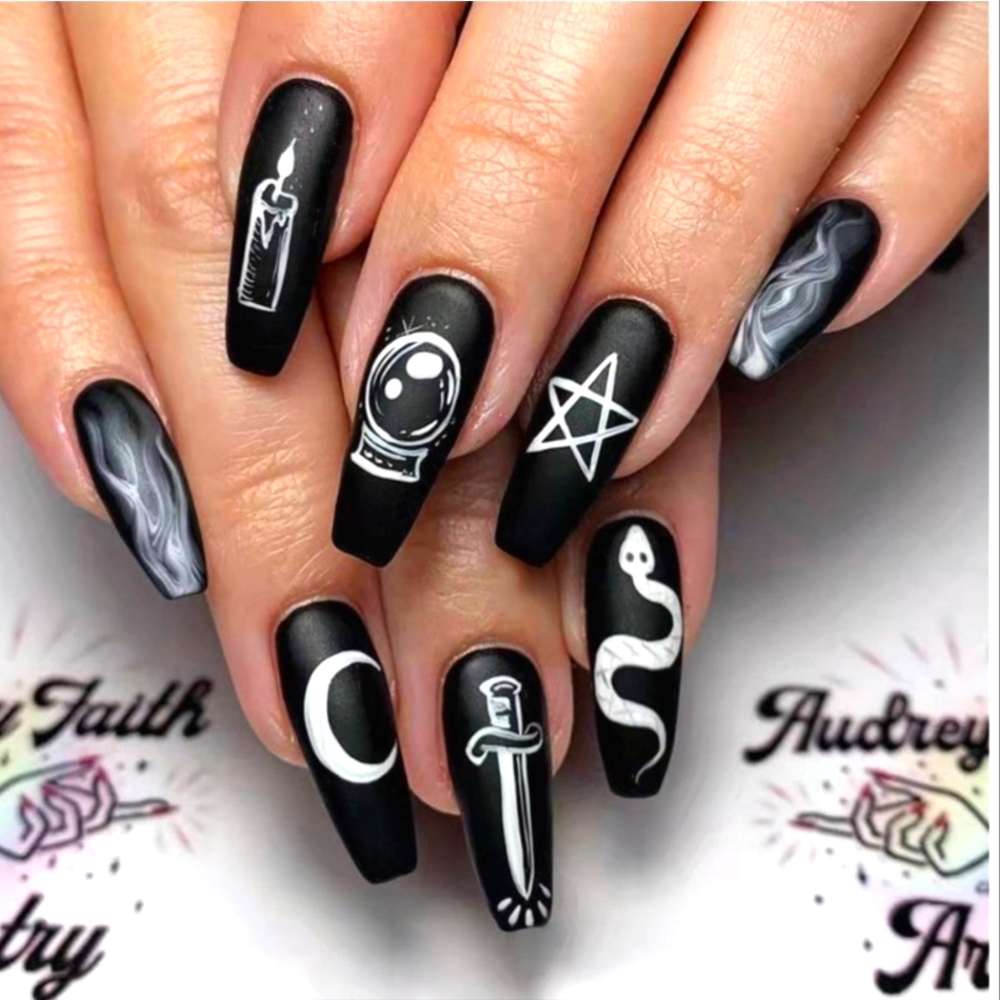 Coffin Press on Nails Medium, Black Goth Fake Nails Halloween Gothic Tarot Nails